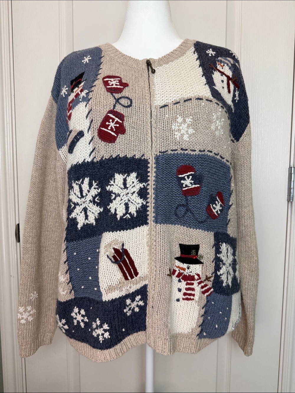 croft & barrow Beige & Navy Snowman Holiday Christmas Patchwork Zip Cardigan L